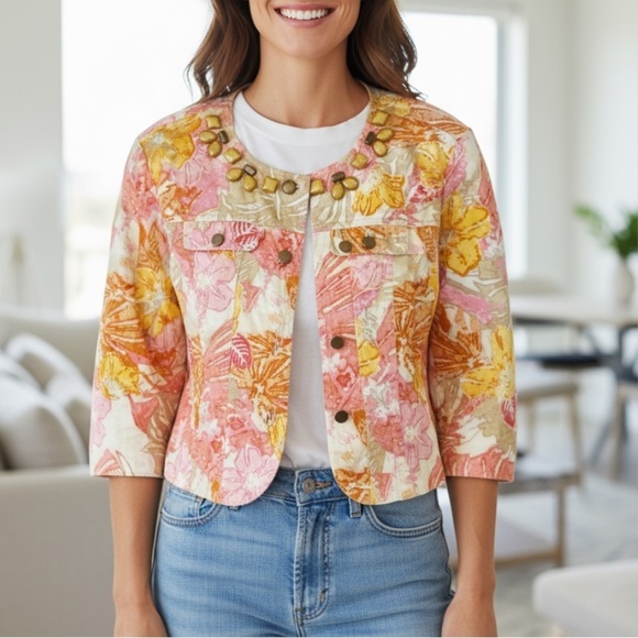Unear Jackets & Blazers - Unear embellished neckline colorful floral jacket